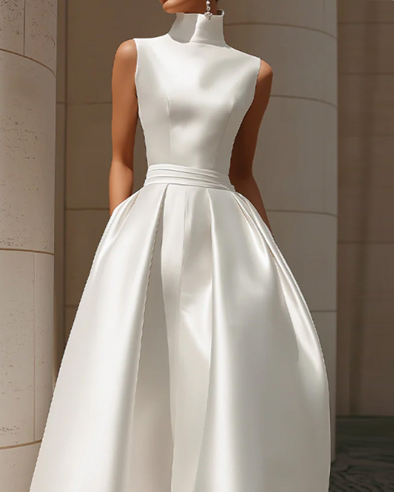 High-Necked Sleeveless Satin A-Line Evening Dress
