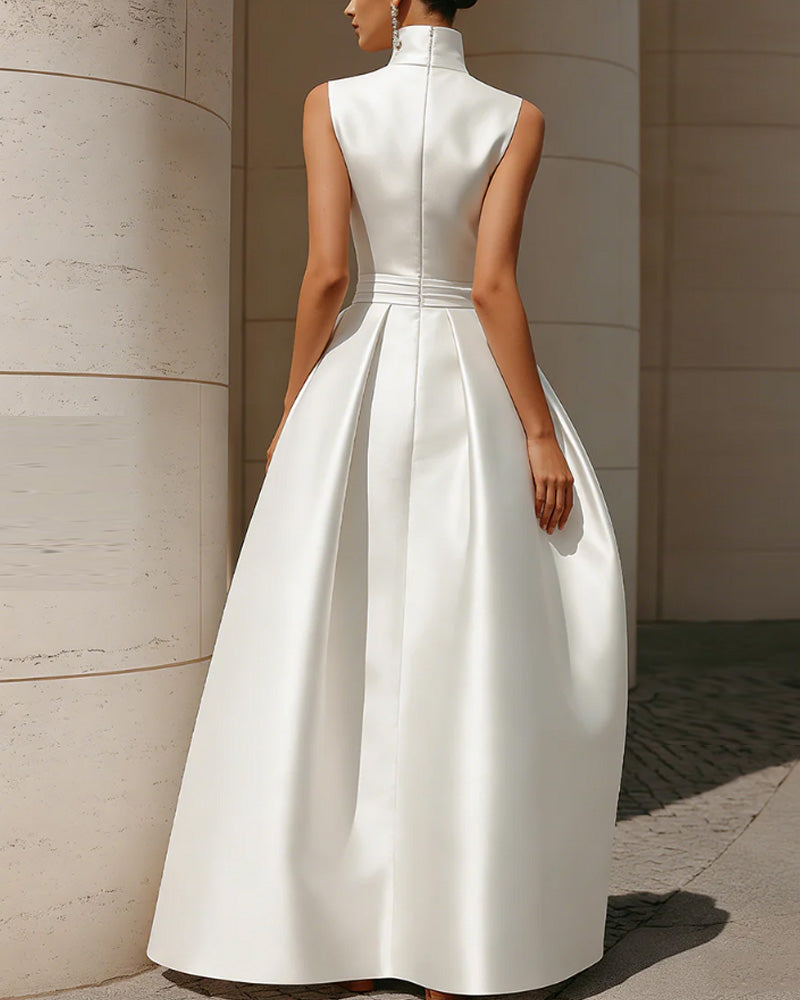 High-Necked Sleeveless Satin A-Line Evening Dress