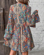 Printed V-Neck Bell Sleeve Dress