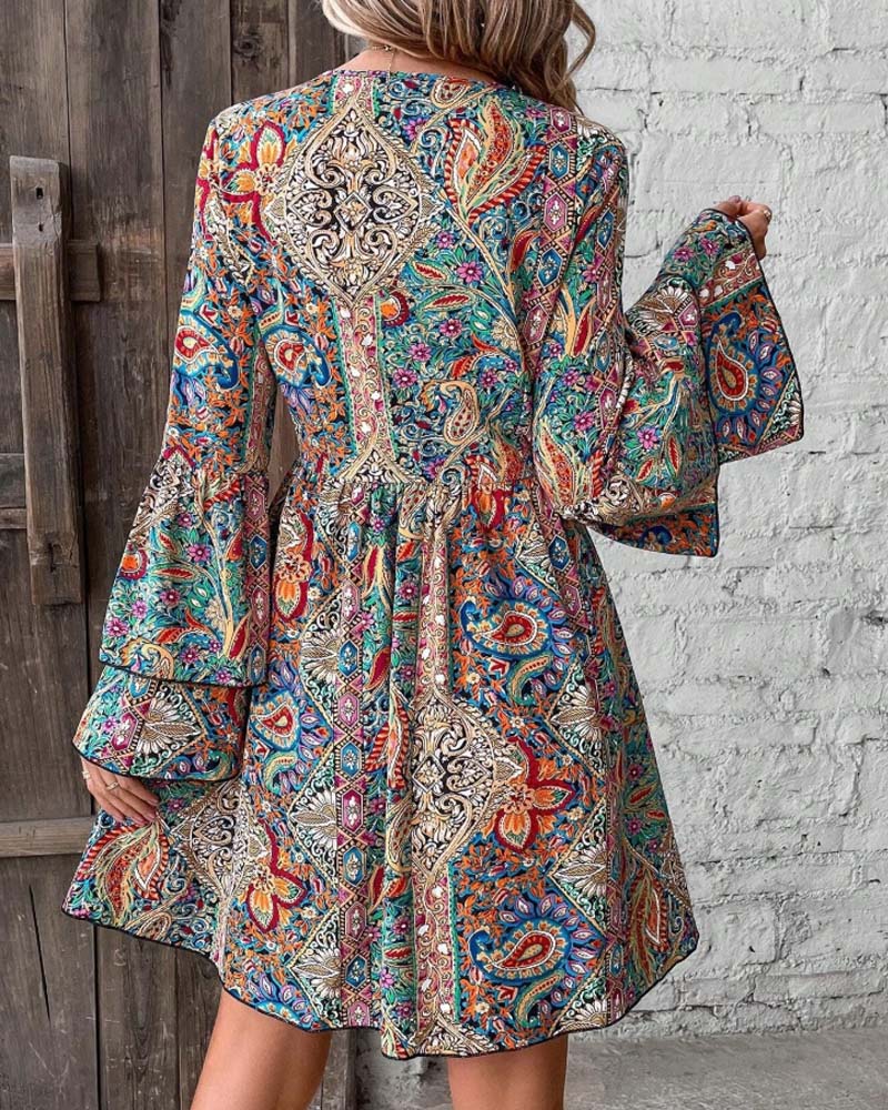 Printed V-Neck Bell Sleeve Dress
