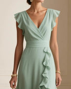V-Neck Ruffled Solid Color Dress