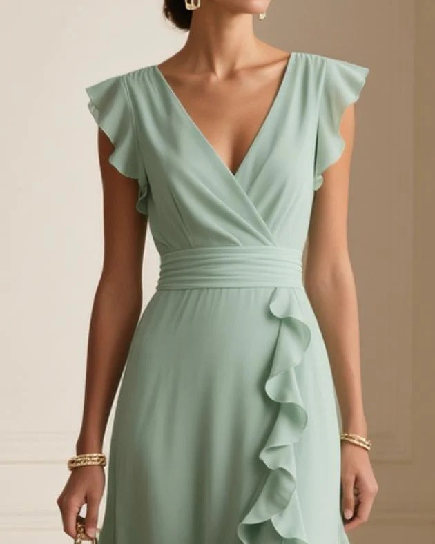V-Neck Ruffled Solid Color Dress