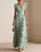 V-Neck Ruffled Solid Color Dress