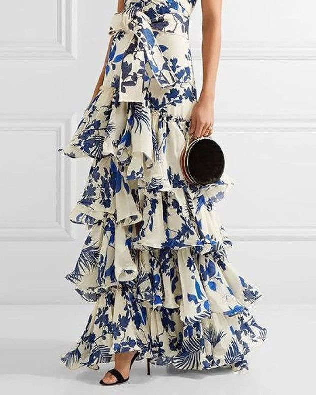 Lace-up Full Skirt Floral Dress