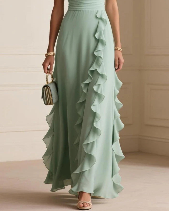 V-Neck Ruffled Solid Color Dress