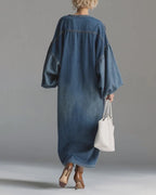 Stand-Up Collar Midi Denim Dress