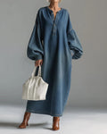 Stand-Up Collar Midi Denim Dress
