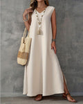 Women's Sleeveless V-Neck Maxi Dress — Elegant Gown with Side Slits