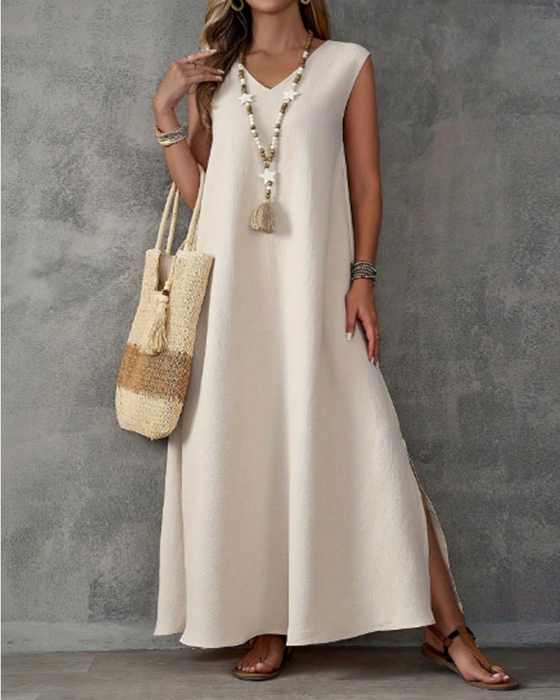 Women's Sleeveless V-Neck Maxi Dress — Elegant Gown with Side Slits