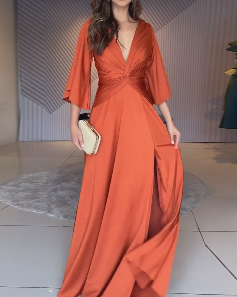 V-Neck Knotted Solid Color Dress