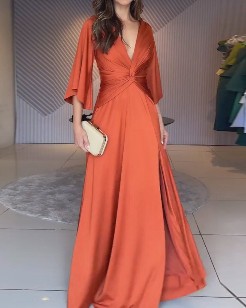 V-Neck Knotted Solid Color Dress