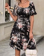 Square Neckline Ruffled Sleeve Resort Dress