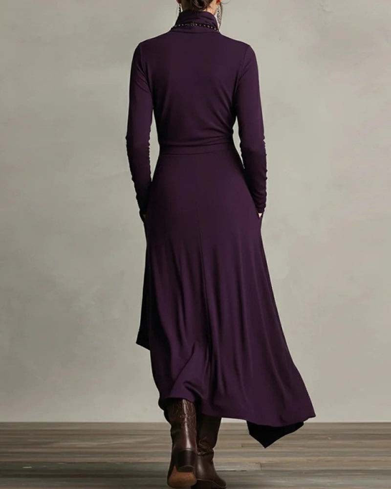 Long-Sleeved High-Neck Crossover Irregular Dress