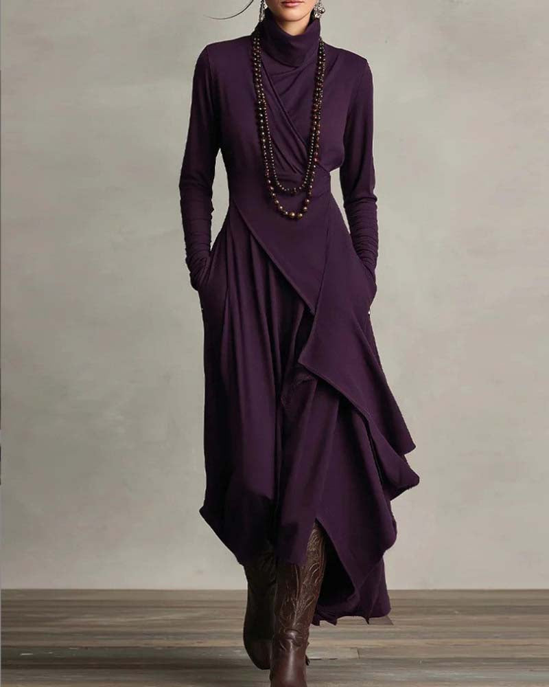 Long-Sleeved High-Neck Crossover Irregular Dress