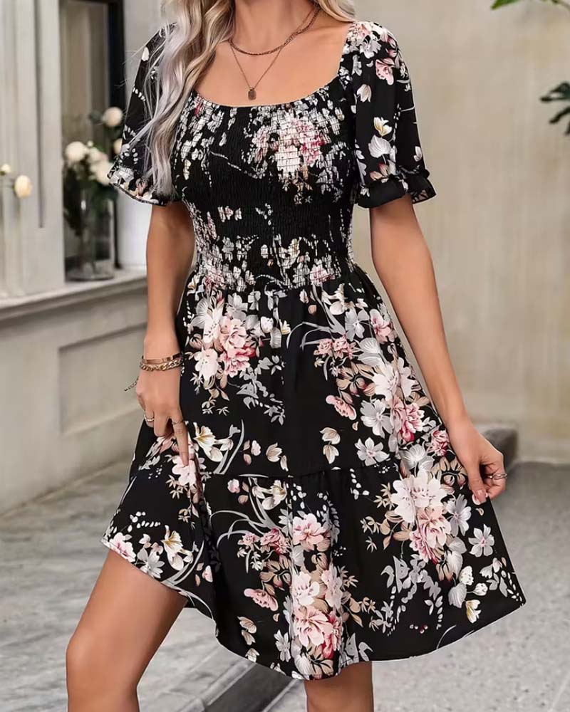 Square Neckline Ruffled Sleeve Resort Dress