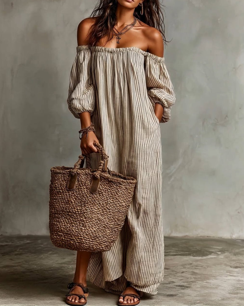 Off-The-Shoulder Striped Print Loose Dress