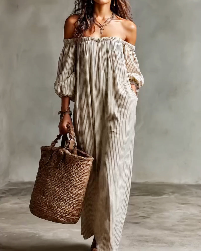 Off-The-Shoulder Striped Print Loose Dress