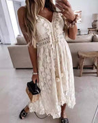 Lace Halter-Neck Solid Color Long Dress