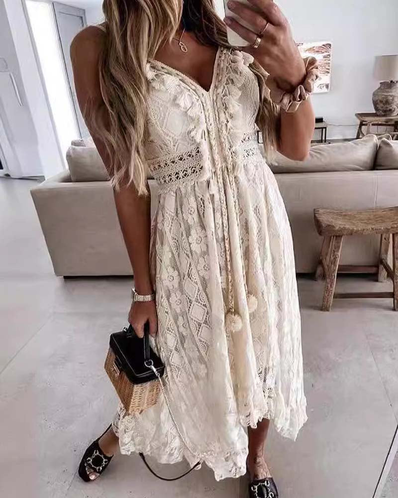 Lace Halter-Neck Solid Color Long Dress