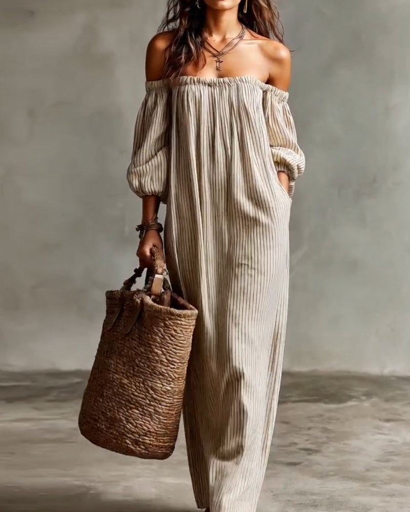 Off-The-Shoulder Striped Print Loose Dress