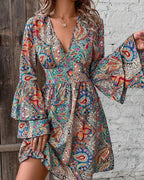 Printed V-Neck Bell Sleeve Dress