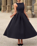 Elegant round neck solid color dress for women