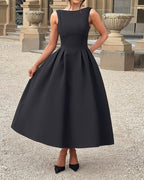 Elegant round neck solid color dress for women