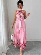 Sleeveless pleated printed dress