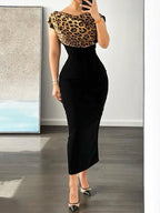 Round neck leopard print combination dress
