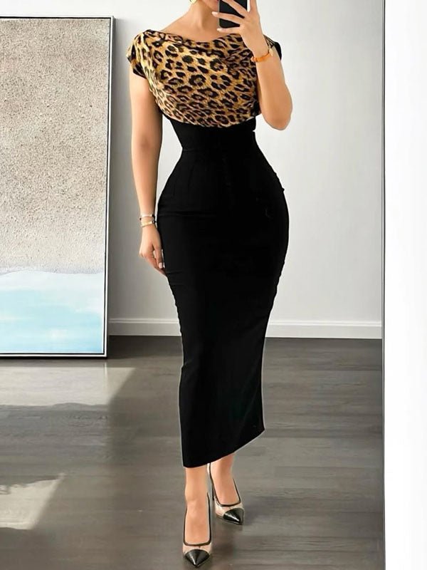 Round neck leopard print combination dress