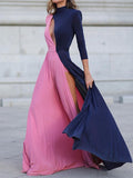 Long-sleeved, openwork, color-blocked solid color dress