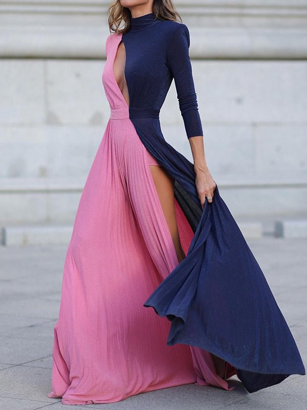 Long-sleeved, openwork, color-blocked solid color dress