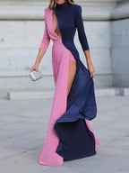 Long-sleeved, openwork, color-blocked solid color dress