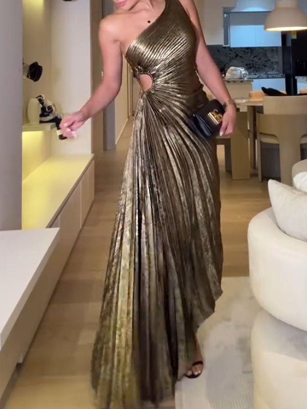 One-shoulder pleated hollow solid color dress