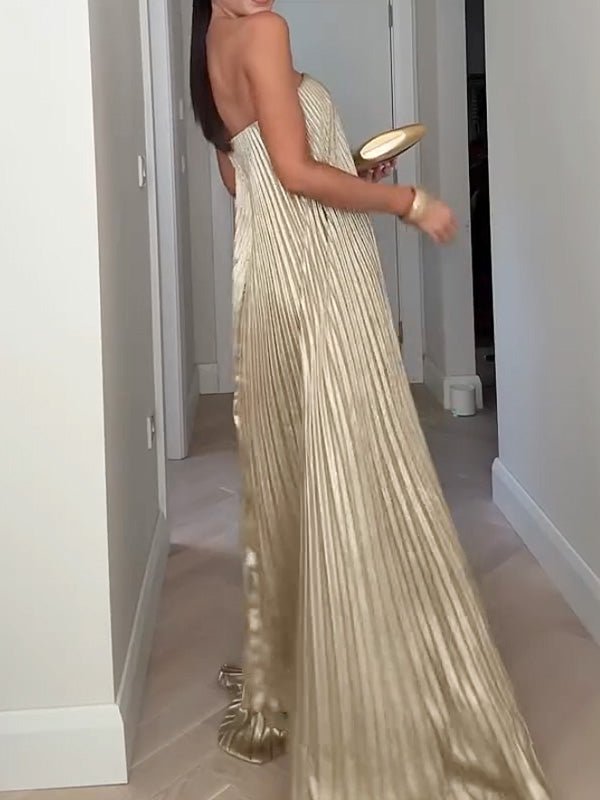 Elegant sleeveless pleated solid color loose dress