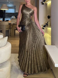One-shoulder pleated hollow solid color dress