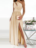 One-shoulder solid color slit dress