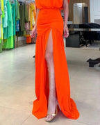 One-shoulder solid color slit dress