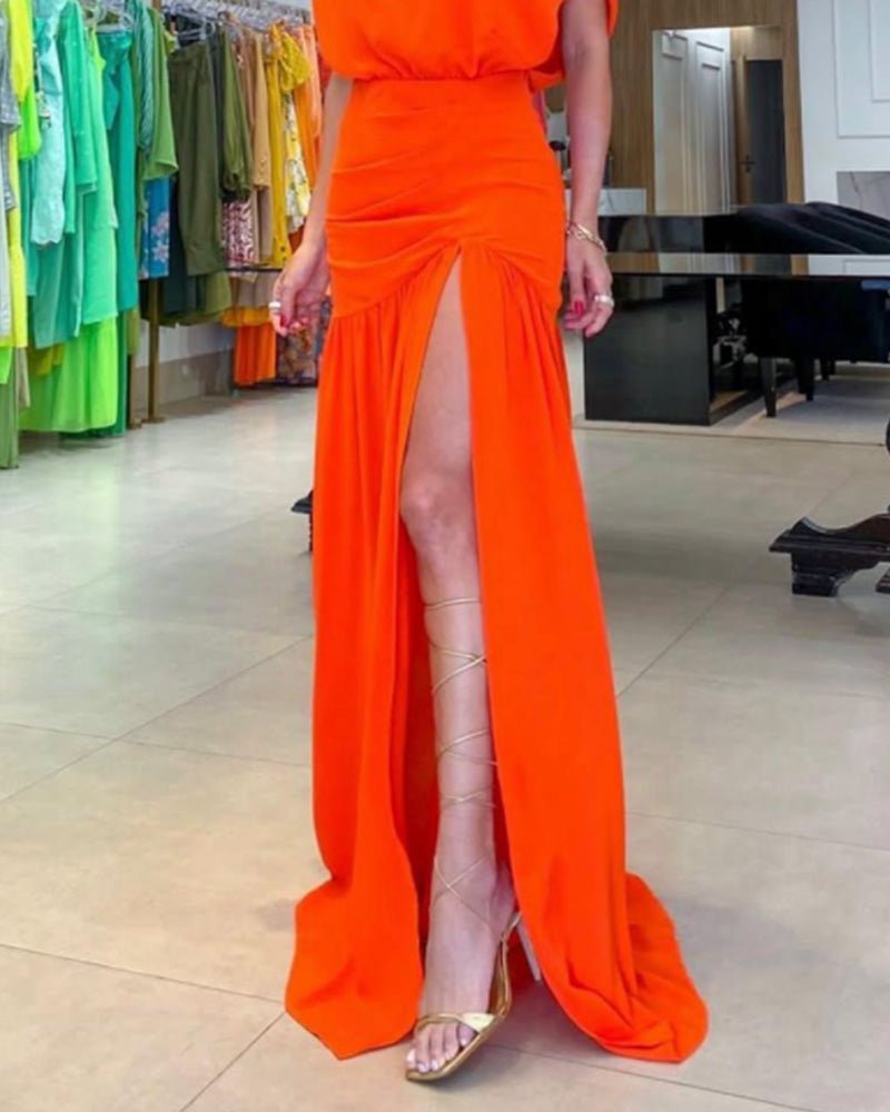 One-shoulder solid color slit dress
