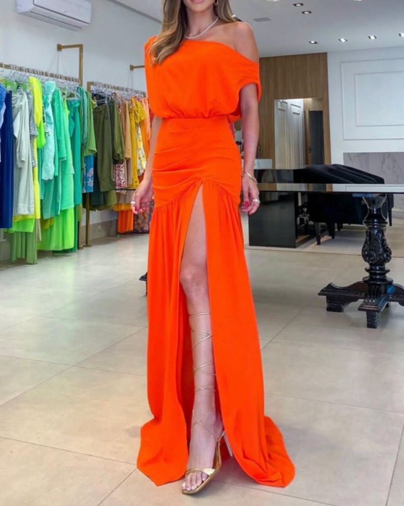 One-shoulder solid color slit dress