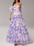 Off-the-shoulder organza print dress