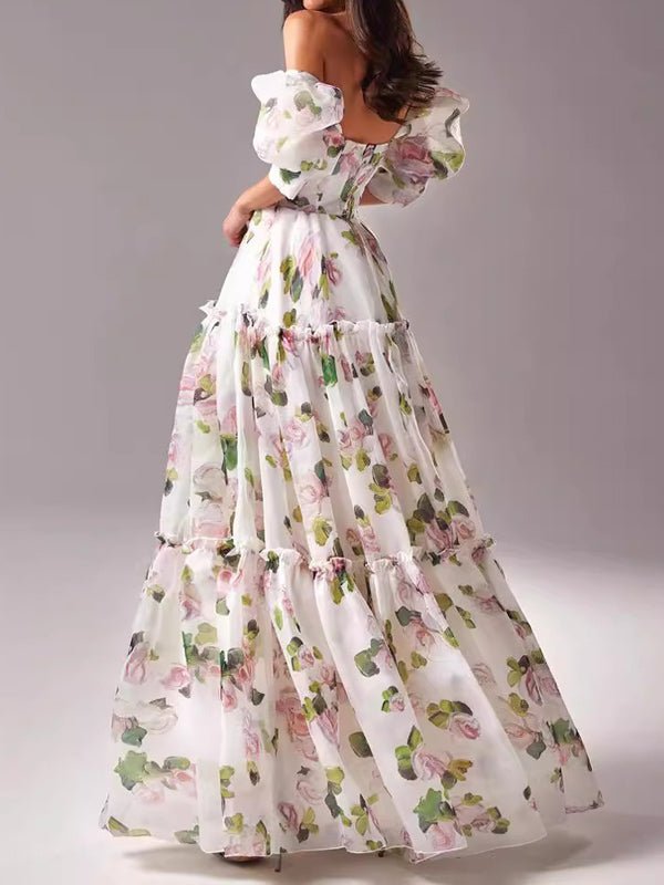 Off-the-shoulder organza print dress