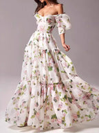 Off-the-shoulder organza print dress