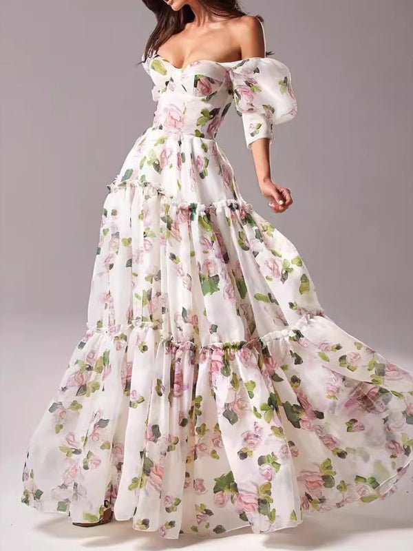Off-the-shoulder organza print dress