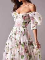 Off-the-shoulder organza print dress