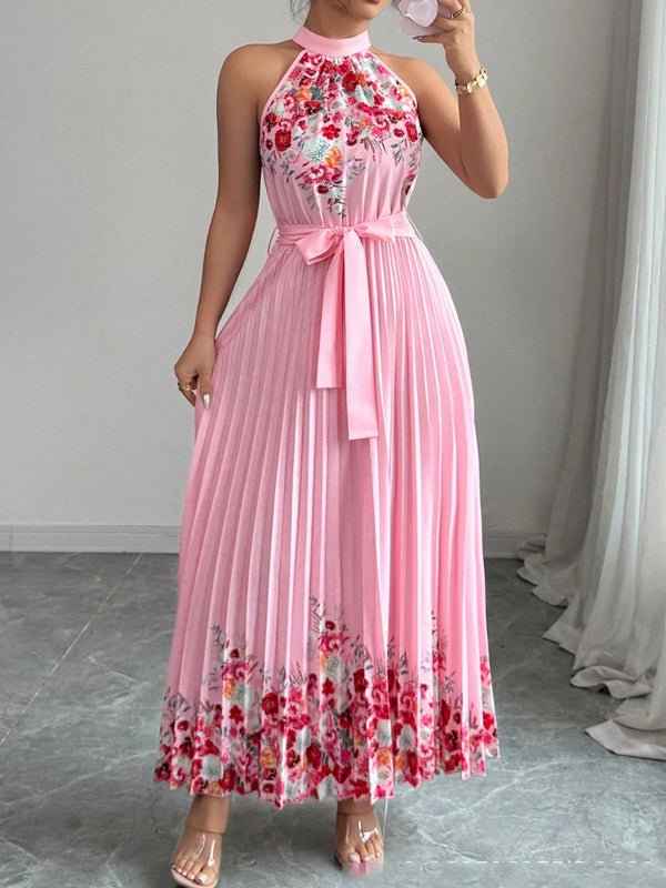 Sleeveless pleated printed dress
