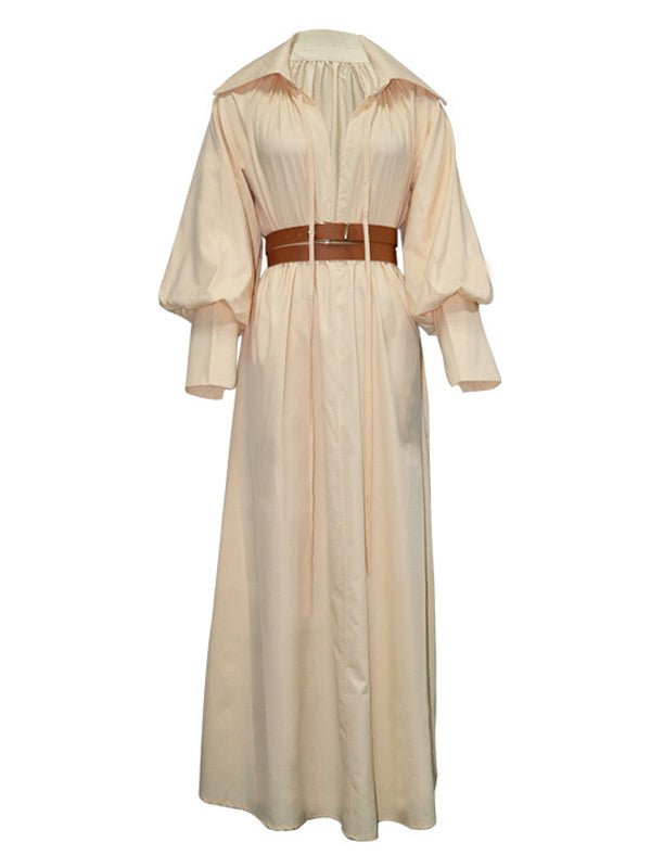 Collared long-sleeved loose-fitting waist-cinching dress