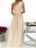 One-shoulder solid color slit dress