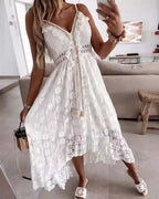 Lace Halter-Neck Solid Color Long Dress