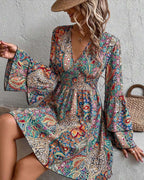 Printed V-Neck Bell Sleeve Dress